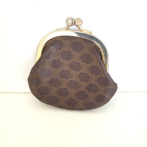 Celine Vintage Macadam Pattern Wallet Leather Brown Coin Purse Kiss Lock Small - Picture 1 of 8